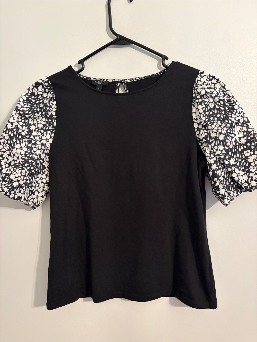 Talbots Black Knit Top with White Floral Puff Sleeves